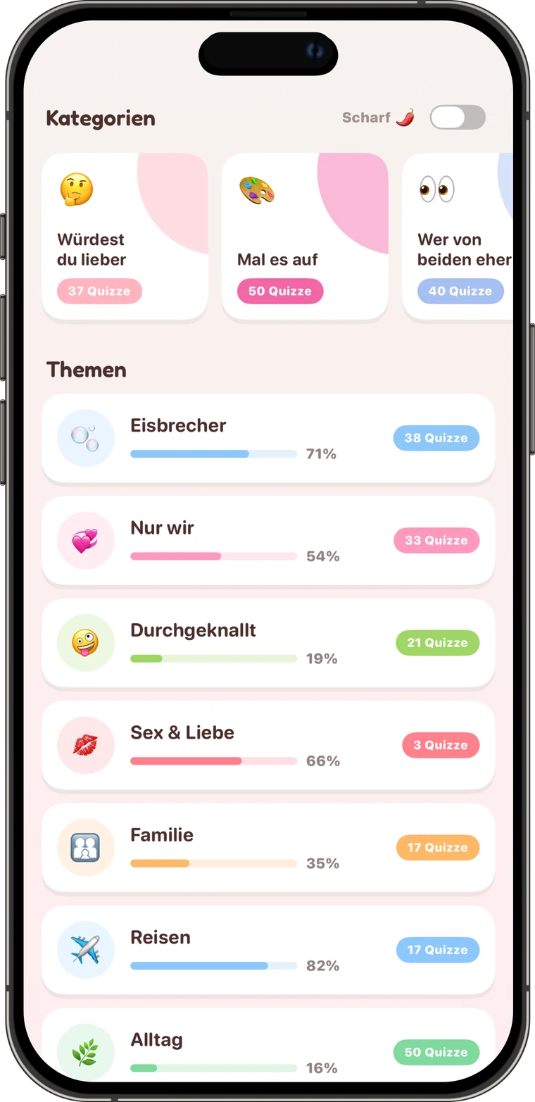 10.000+ Fragen für Paare in Pookie: die Kategorien Würdest du lieber, Mal es auf und Wer eher mit Themen-Quizzen