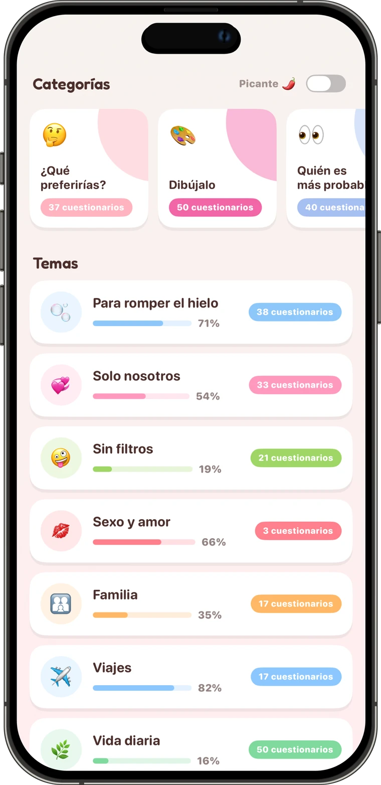 Responde 10.000+ preguntas para parejas en Pookie: categorías ¿Qué preferirías?, Dibújalo y ¿Quién es más probable? con quizzes temáticos