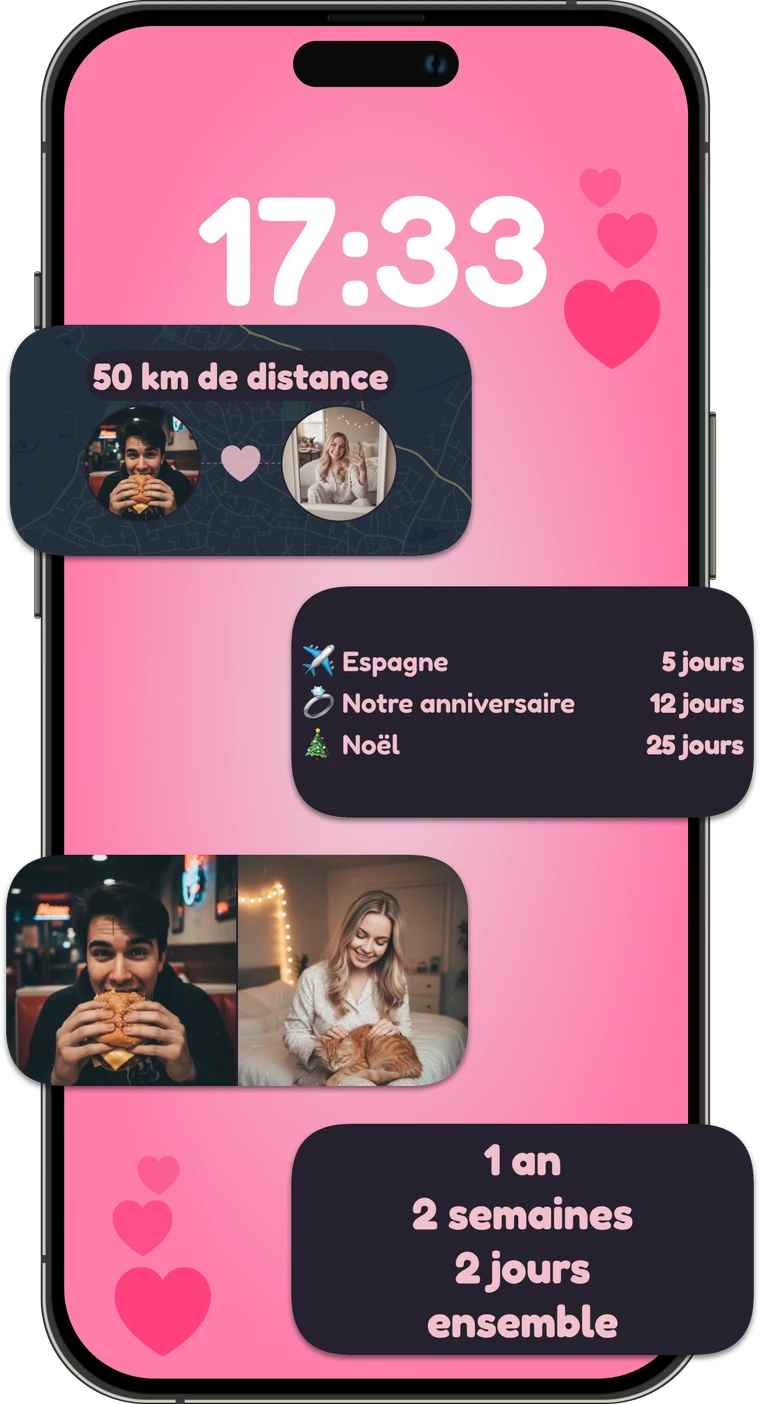 Jolis widgets de couple avec distance, comptes à rebours, photos et compteur d'anniversaire