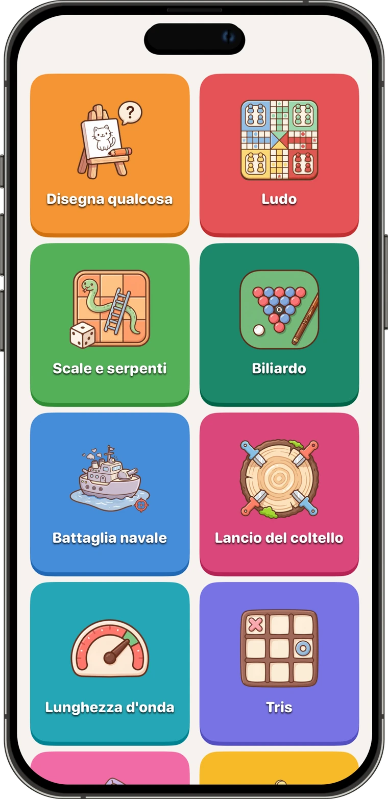Giochi online da fare insieme su Pookie: Disegna qualcosa, Ludo, Scale e serpenti, Biliardo, Battaglia navale, Lancio del coltello, Lunghezza d'onda e Tris