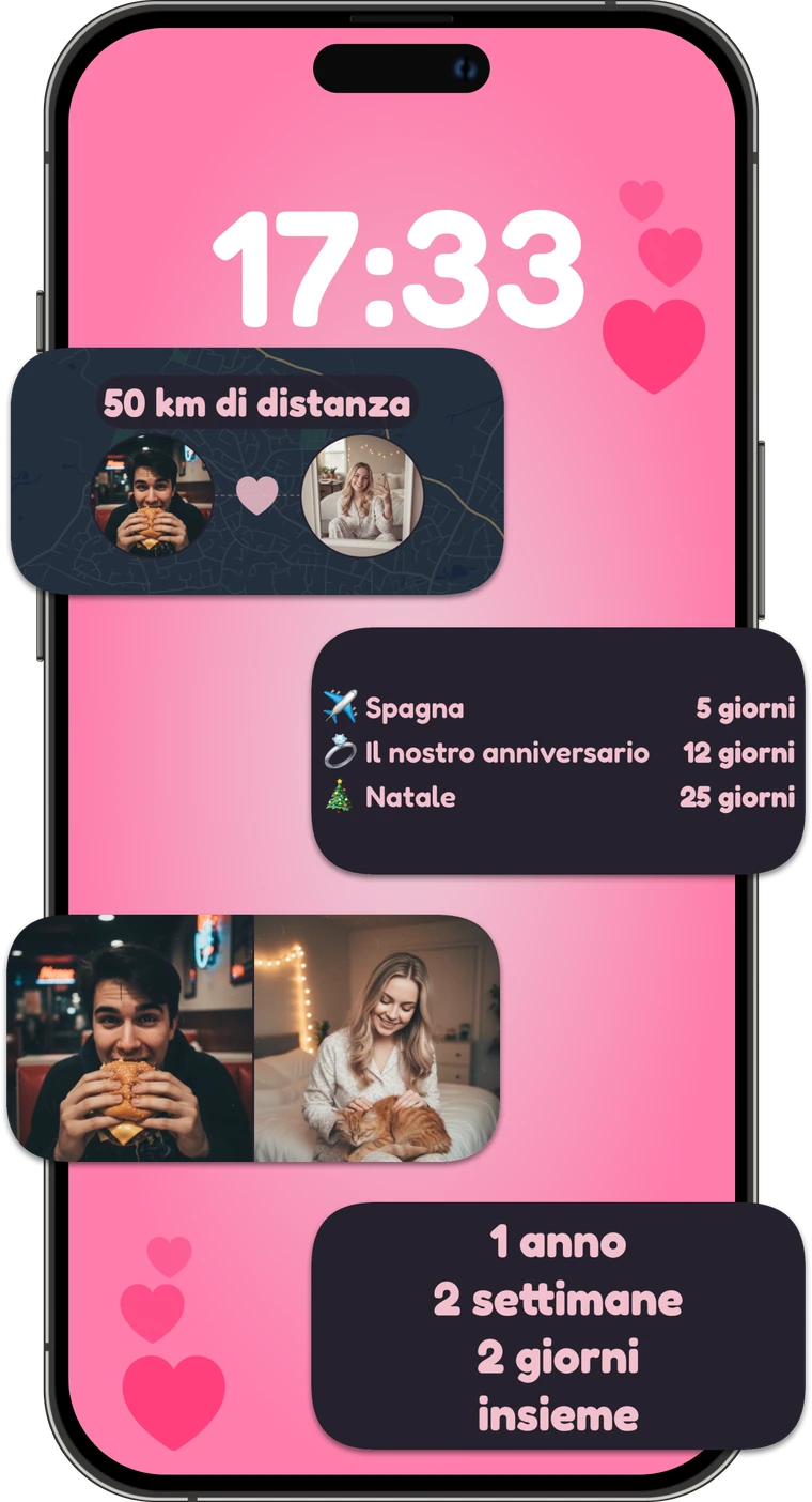 Widget di coppia carinissimi con distanza, conti alla rovescia, foto e contatore dell'anniversario