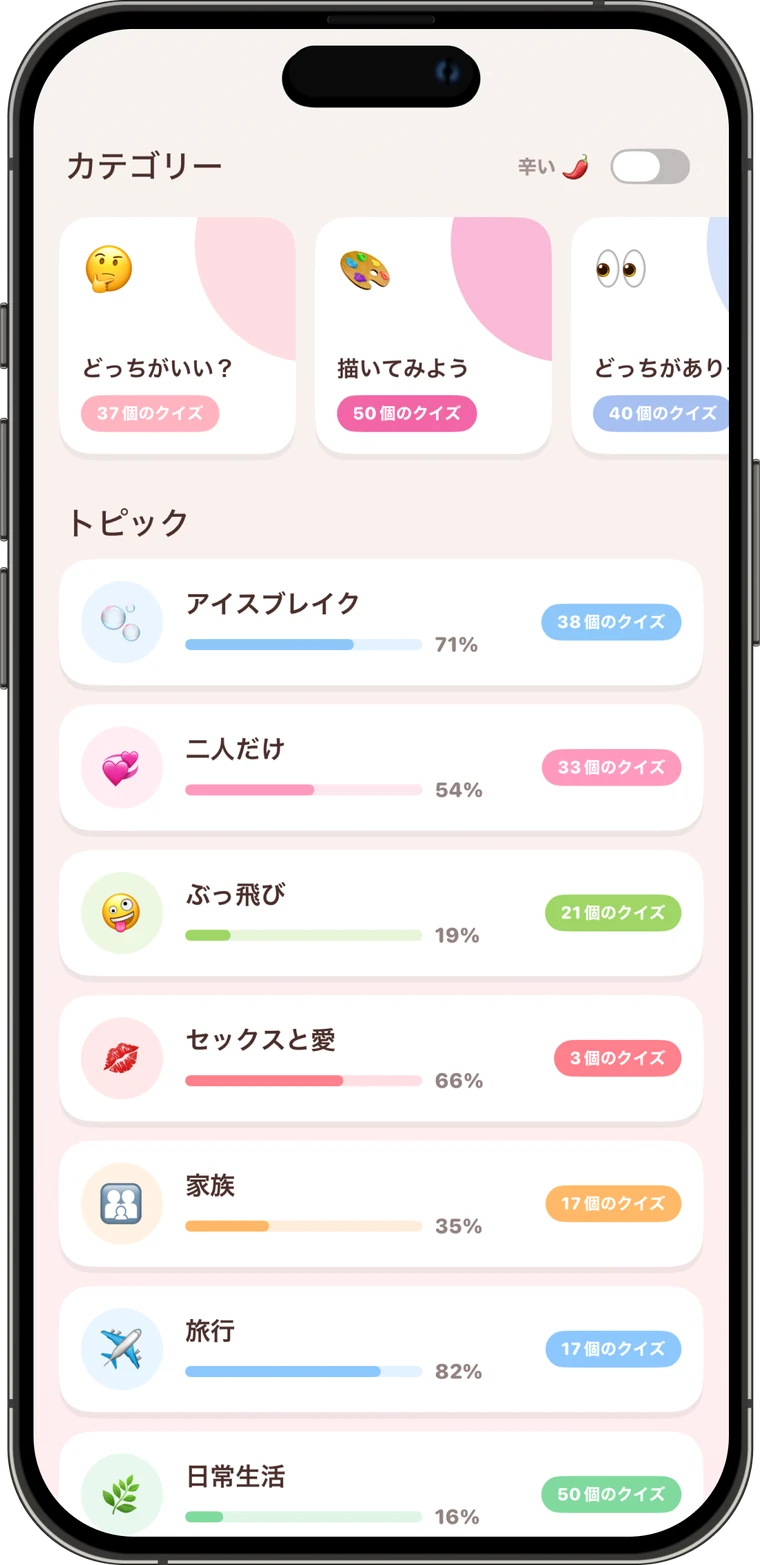 Pookieで10,000問以上のカップル質問に答えよう。どっちがいい？、描いてみよう、どっちがありそう？のカテゴリとテーマ別クイズ