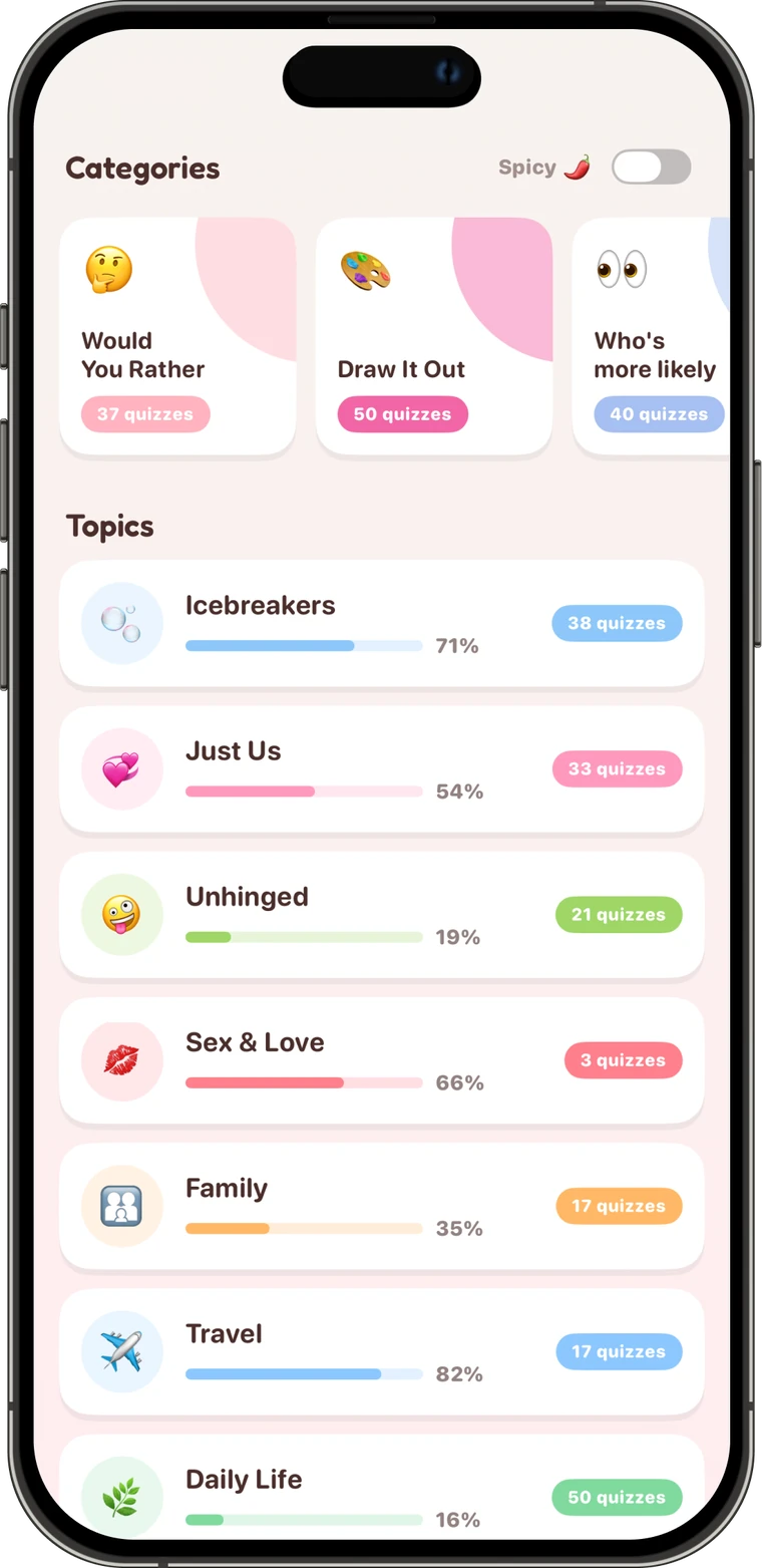 Answer 10,000+ couple questions in Pookie: Would You Rather, Draw It Out and Who's More Likely categories with topic quizzes