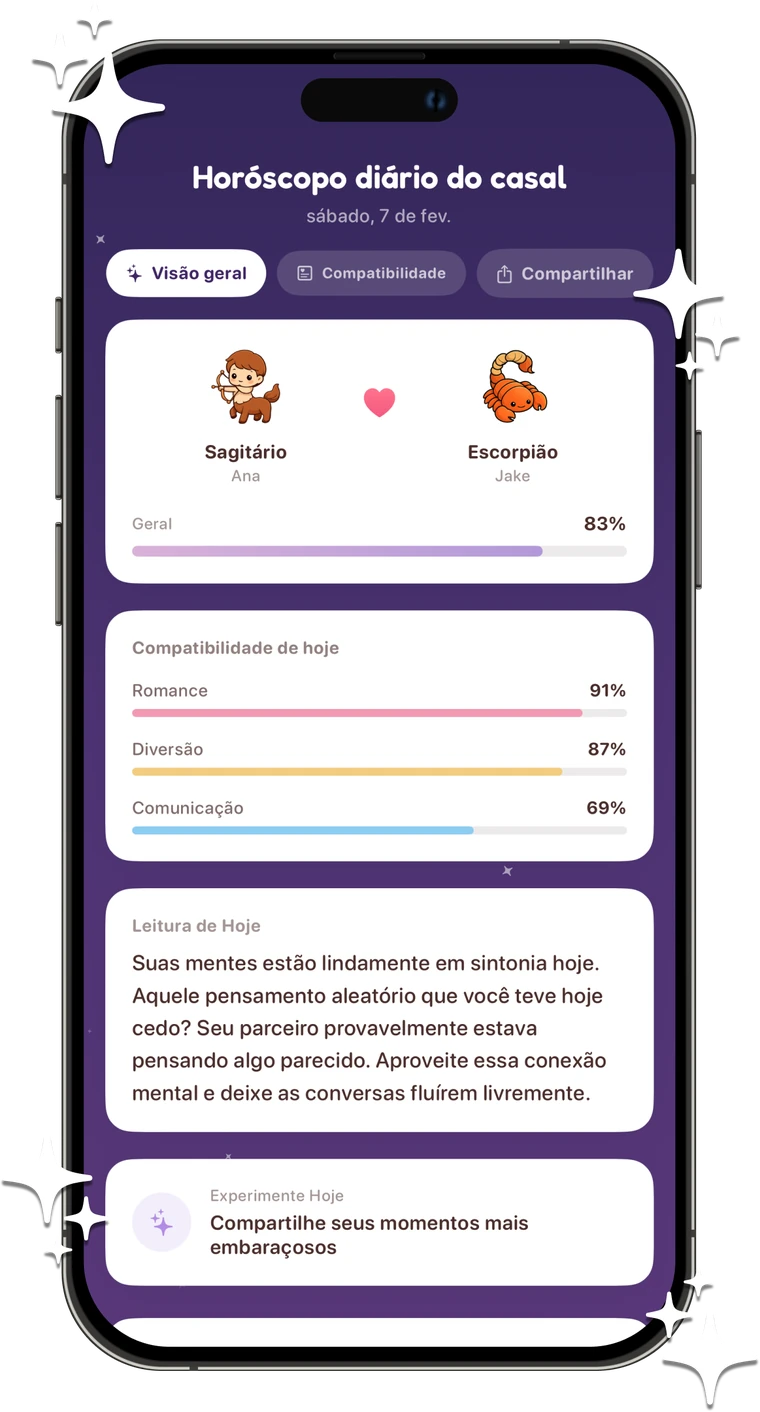 Horóscopo do casal com compatibilidade dos signos, leitura diária e dicas sobre a conexão de vocês