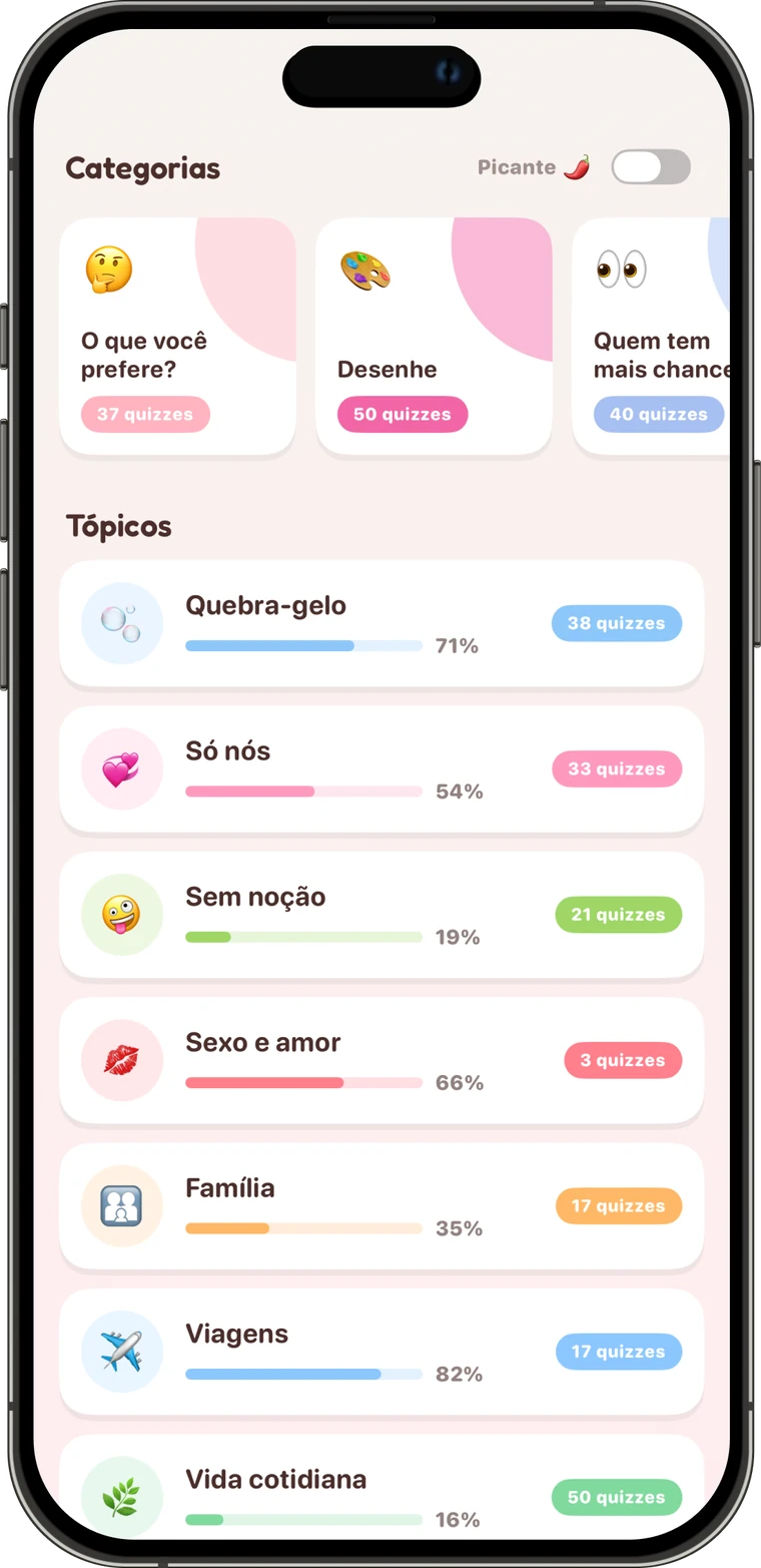 Responda 10.000+ perguntas para casais no Pookie: categorias O que você prefere?, Desenhe e Quem tem mais chance? com quizzes por tema