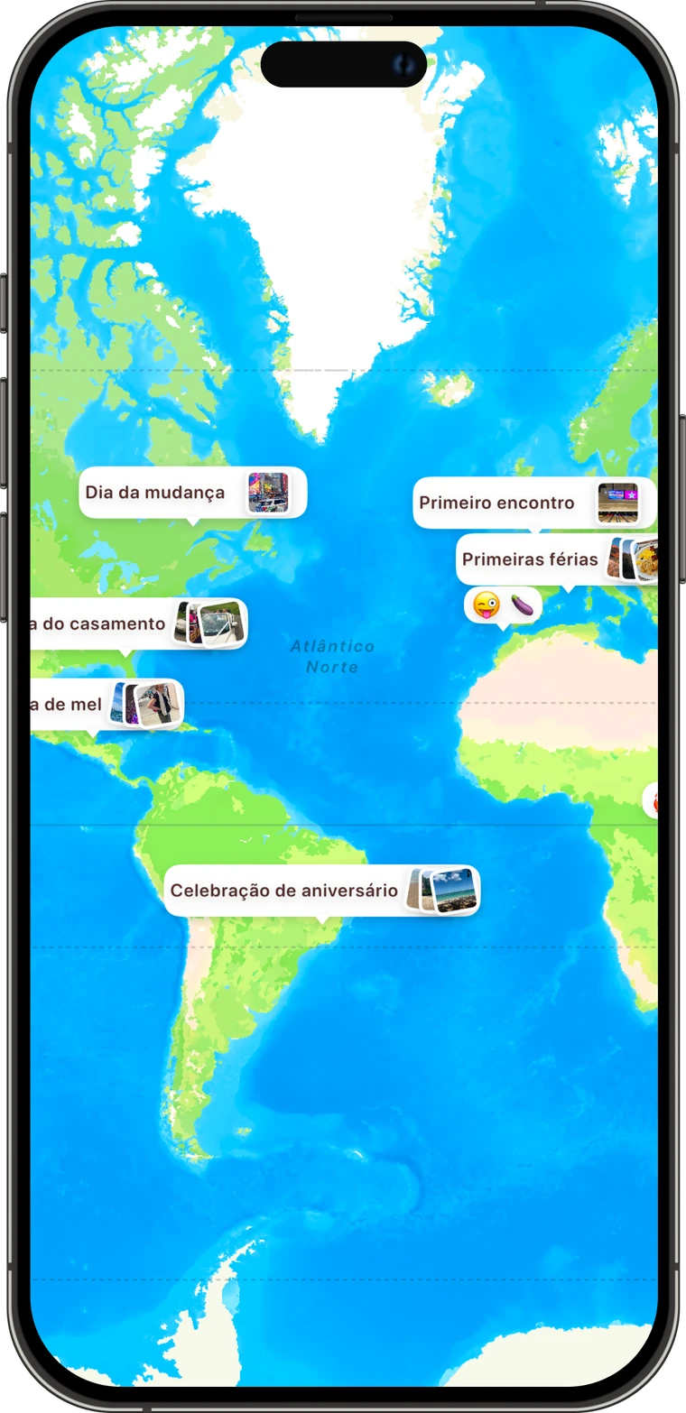Mapa do relacionamento marcando o primeiro encontro, as primeiras férias, o dia do casamento e a lua de mel de um casal, com fotos