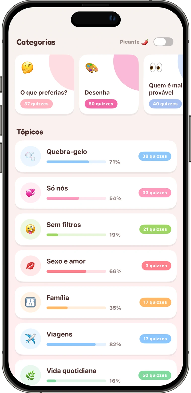 Responder a 10 000+ perguntas para casais no Pookie: categorias O que preferias?, Desenha e Quem é mais provável? com quizzes temáticos
