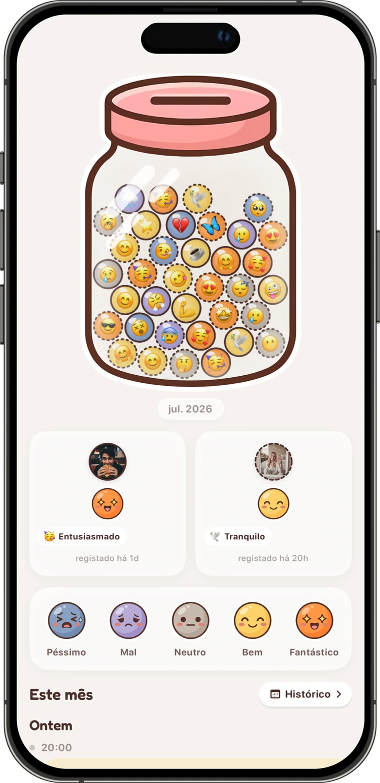 Registar o humor a dois no Pookie: um frasco de humor mensal partilhado, o humor atual de cada um e um seletor rápido