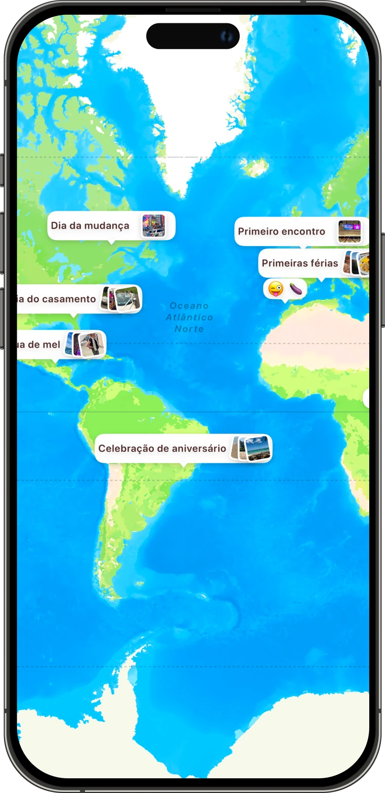 Mapa da relação com o primeiro encontro, as primeiras férias, o dia do casamento e a lua de mel de um casal, com fotos