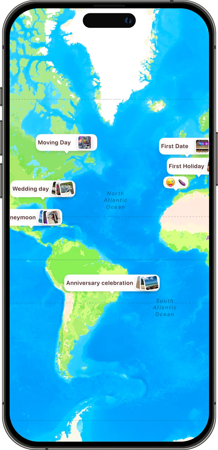 Relationship map pinning a couple's first date, first holiday, wedding day and honeymoon with photos