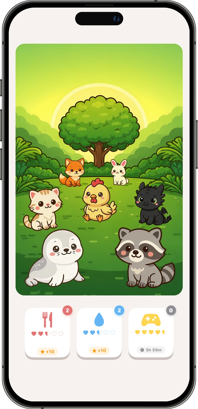 Raise a pet together in Pookie: pets in a shared garden with feed, water and play buttons