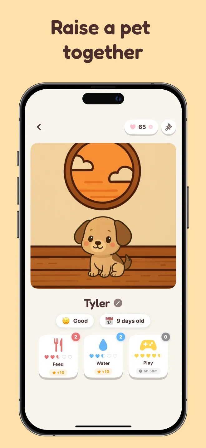 Virtual pet dog in Pookie app with feed, water, and play options